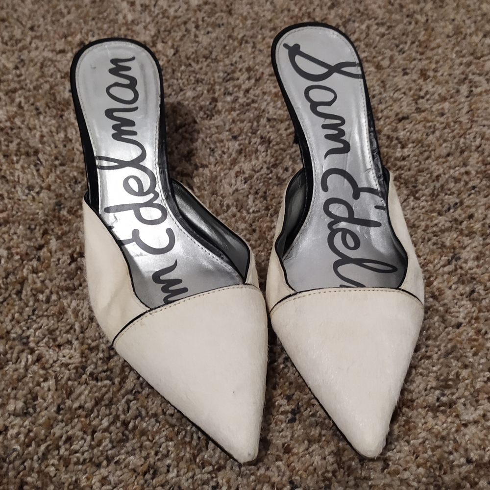 SAM EDELMAN Odelia White Dyed Calf Hair Mule Heels